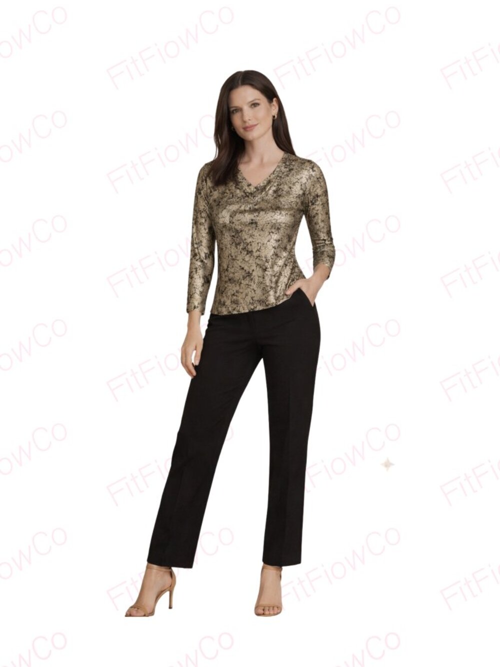 Donna Karan New York Metallic Print Top V-Neck Long Sleeve Gold Black XS NWT